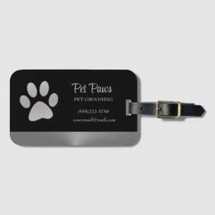 Silver Dog Paw on black Pet Grooming Service  Luggage Tag