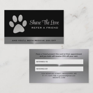 Silver Dog Paw on black Pet Grooming Service Referral Card
