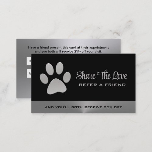 Silver Dog Paw on black Pet Grooming Service Referral Card