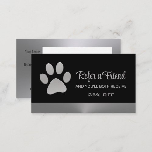 Silver Dog Paw on black Pet Grooming Service Referral Card