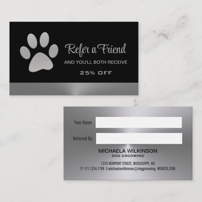 Silver Dog Paw on black Pet Grooming Service Referral Card (Front/Back)