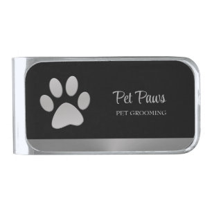 Silver Dog Paw on black Pet Grooming Service Silver Finish Money Clip