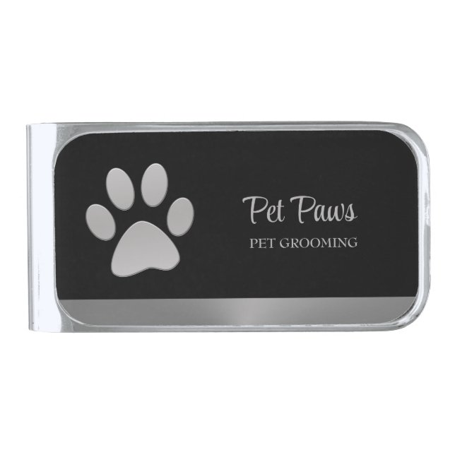 Silver Dog Paw on black Pet Grooming Service Silver Finish Money Clip (Front)