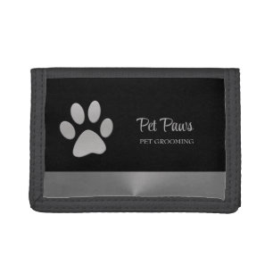 Silver Dog Paw on black Pet Grooming Service Trifold Wallet