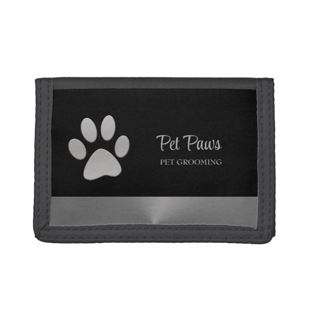 Silver Dog Paw on black Pet Grooming Service Trifold Wallet (Front)
