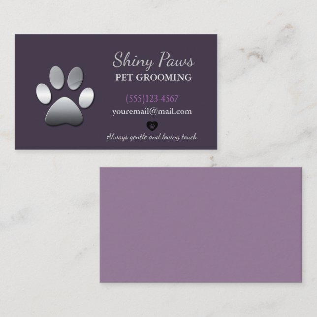 Silver Dog Paw Pet Grooming Service Business Card (Front/Back)