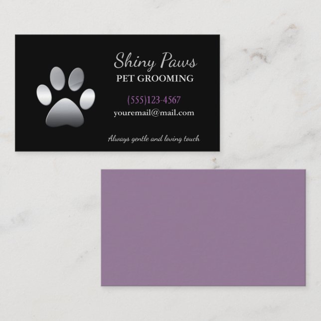 Silver Dog Paw Pet Grooming Service Business Card (Front/Back)