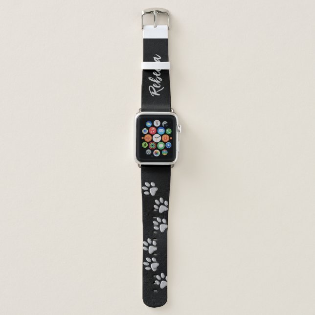 Silver Dog Paws black Background Print Pattern Apple Watch Band (Front)