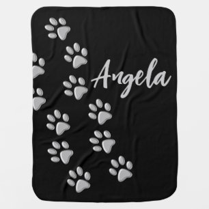 Silver Dog Paws black Background Print Pattern Baby Blanket