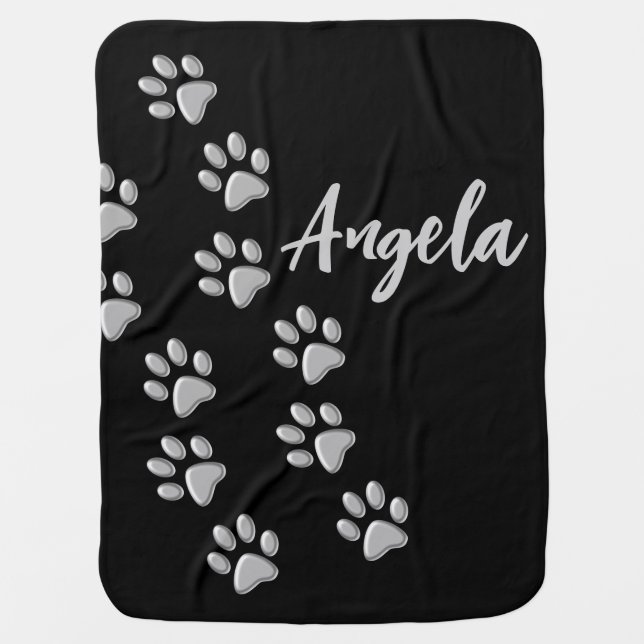 Silver Dog Paws black Background Print Pattern Baby Blanket (Front)