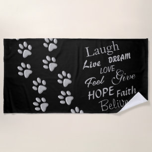 Silver Dog Paws black Background Print Pattern Beach Towel