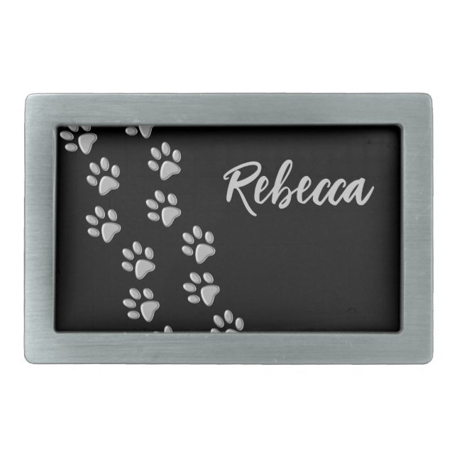 Silver Dog Paws black Background Print Pattern Belt Buckle (Front)