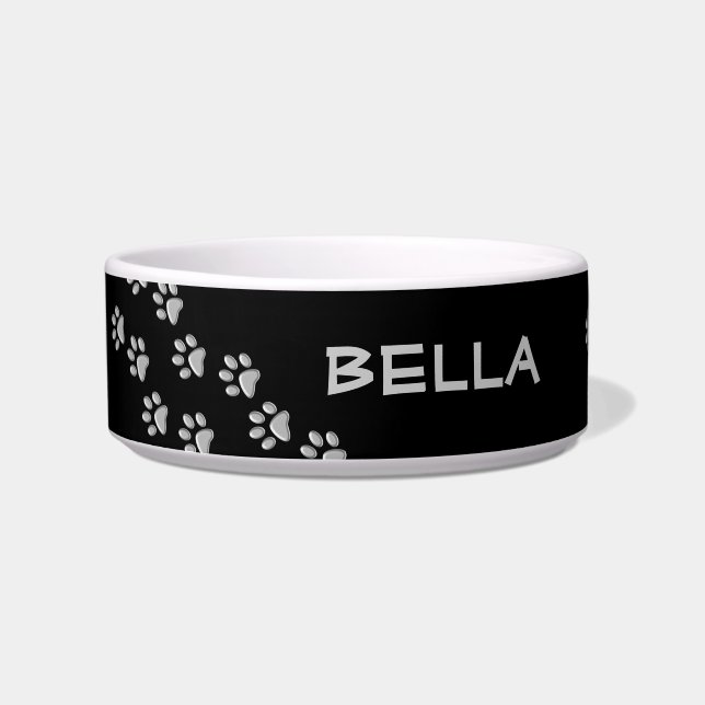 Silver Dog Paws black Background Print Pattern Bowl (Front)