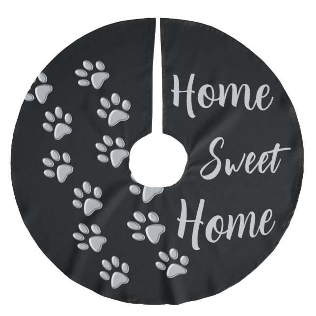 Silver Dog Paws black Background Print Pattern Brushed Polyester Tree Skirt (Front)