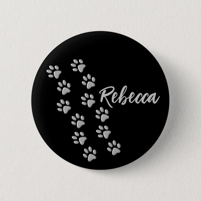 Silver Dog Paws black Background Print Pattern Button (Front)