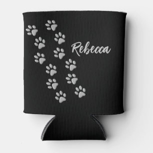 Silver Dog Paws black Background Print Pattern Can Cooler