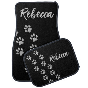 Silver Dog Paws black Background Print Pattern Car Floor Mat
