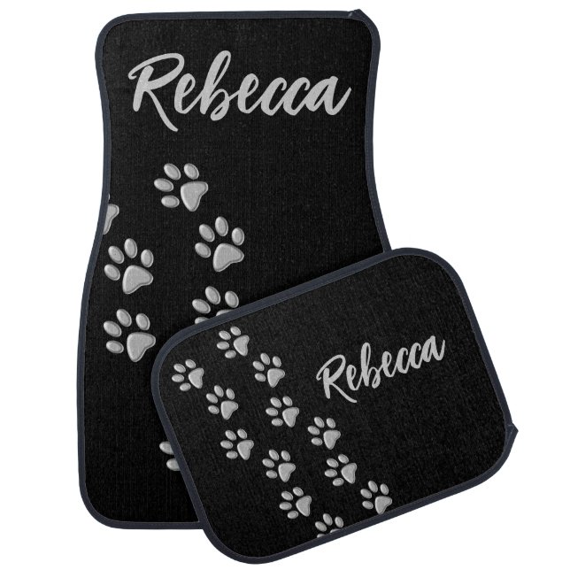Silver Dog Paws black Background Print Pattern Car Floor Mat (Set)