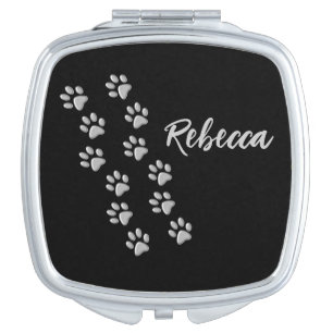 Silver Dog Paws black Background Print Pattern Compact Mirror