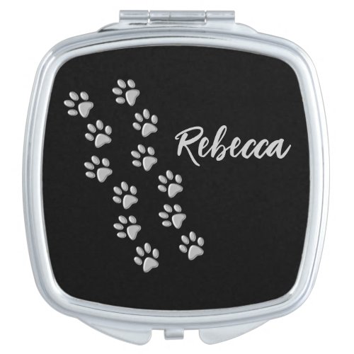 Silver Dog Paws black Background Print Pattern Compact Mirror