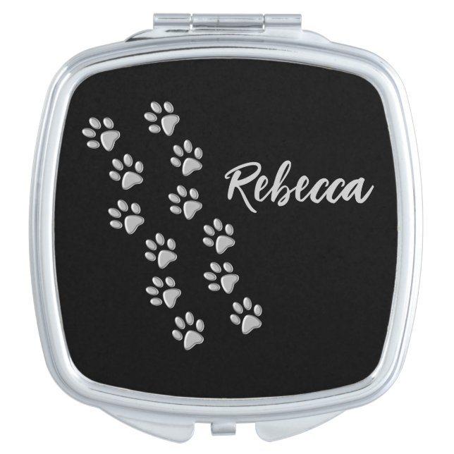 Silver Dog Paws black Background Print Pattern Compact Mirror (Front)