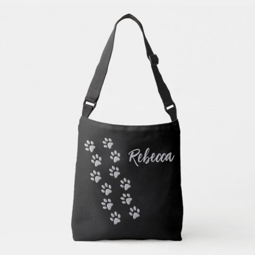 Silver Dog Paws black Background Print Pattern Crossbody Bag