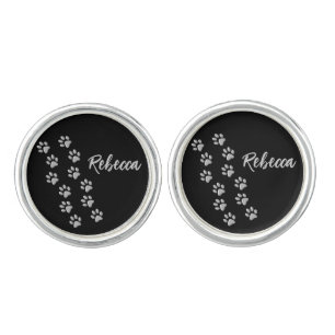 Silver Dog Paws black Background Print Pattern Cuf Cufflinks