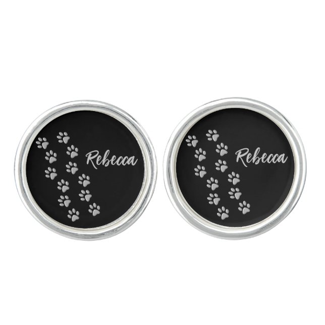 Silver Dog Paws black Background Print Pattern Cuf Cufflinks (Front)