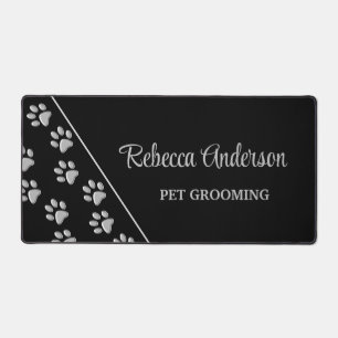 Silver Dog Paws black Background Print Pattern  Desk Mat