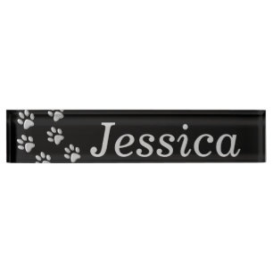Silver Dog Paws black Background Print Pattern Desk Name Plate