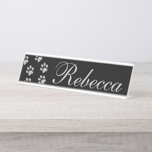 Silver Dog Paws black Background Print Pattern Desk Name Plate