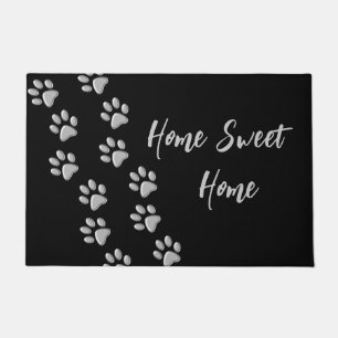 Silver Dog Paws black Background Print Pattern Doormat