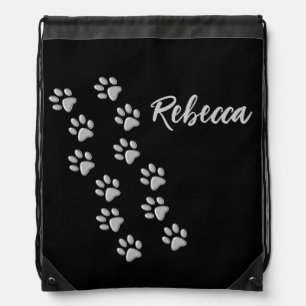 Silver Dog Paws black Background Print Pattern Drawstring Bag