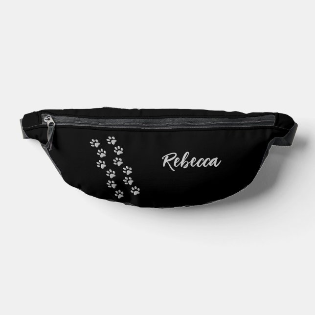 Silver Dog Paws black Background Print Pattern Fanny Pack (Lay Down)