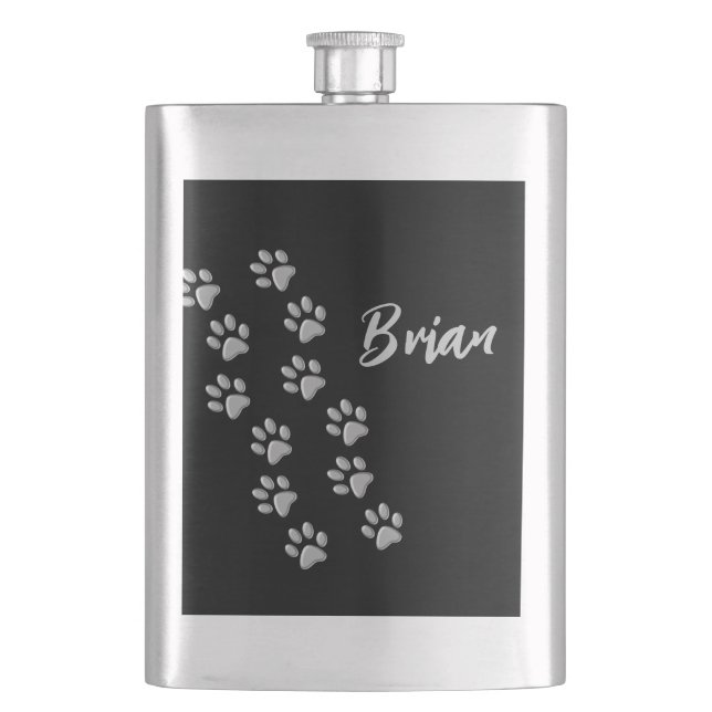 Silver Dog Paws black Background Print Pattern Flask (Front)