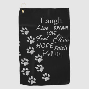 Silver Dog Paws black Background Print Pattern Golf Towel