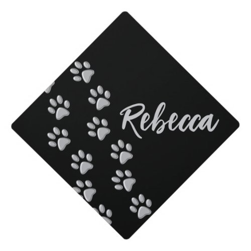 Silver Dog Paws black Background Print Pattern Graduation Cap Topper