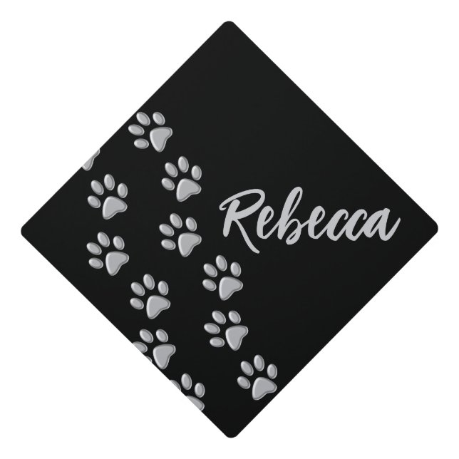 Silver Dog Paws black Background Print Pattern Graduation Cap Topper (Front)