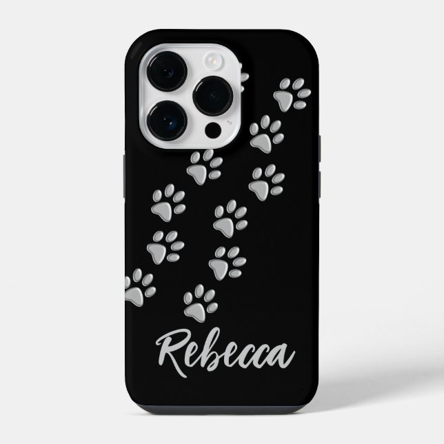 Silver Dog Paws black Background Print Pattern Iphone Case (Back)