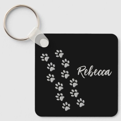 Silver Dog Paws black Background Print Pattern Key Keychain