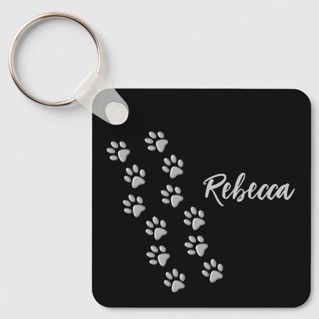 Silver Dog Paws black Background Print Pattern Key Keychain (Front)