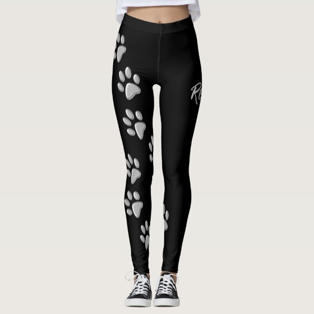 Silver Dog Paws black Background Print Pattern Leggings (Front)