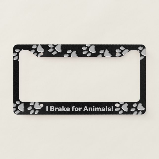 Silver Dog Paws black Background Print Pattern Lic License Plate Frame (Front)