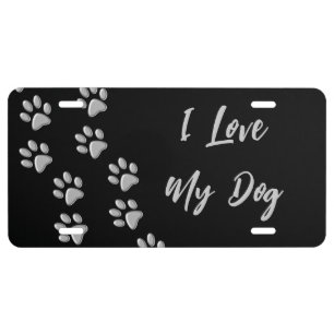 Silver Dog Paws black Background Print Pattern License Plate