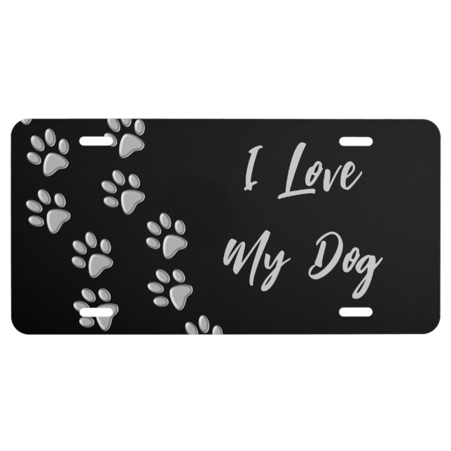 Silver Dog Paws black Background Print Pattern License Plate (Front)