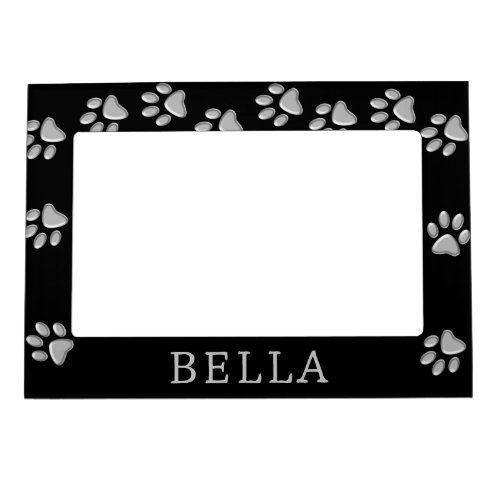 Silver Dog Paws black Background Print Pattern Magnetic Frame