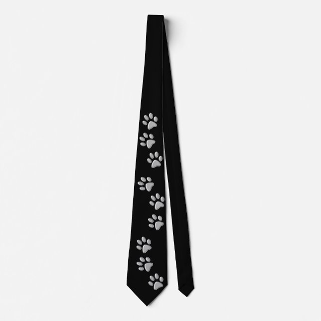 Silver Dog Paws black Background Print Pattern Neck Tie (Front)