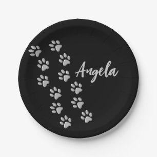 Silver Dog Paws black Background Print Pattern Paper Plates