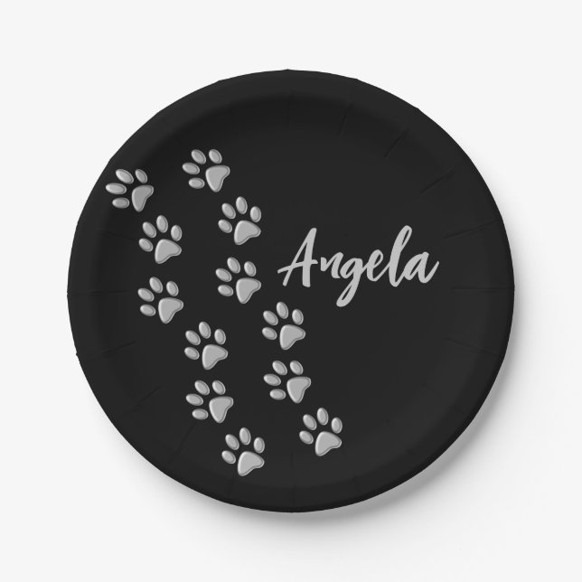 Silver Dog Paws black Background Print Pattern Paper Plates (Front)