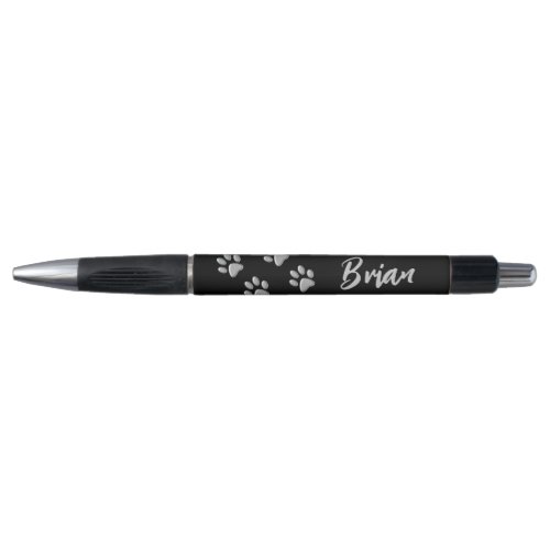 Silver Dog Paws black Background Print Pattern Pen